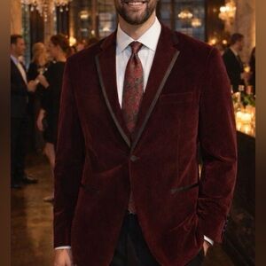 Alan Flusser 46R Burgundy Velvet Dinner Jacket Tux Blazer w Bow Tie